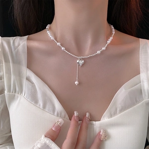 Heart Pendant Necklace Minimalist Silver Tone Alloy Artificial Pearl Beaded Clavicle Chain Tassel Drop Elegant Fashion For Women