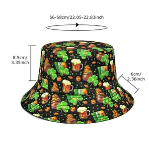 St. Patrick's Day bucket hat with clover print and detailed size measurements