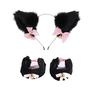 Cat ear headband and wristband set with pink bows and bells for Halloween party cosplay