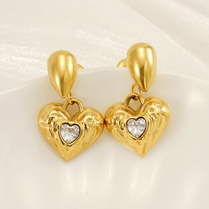 Heart Drop Earrings 18K Gold Plated Stainless Steel Hammered Relief Zircon Inlay Vintage Jewelry For Women