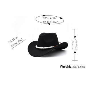 Classic black wool cowboy hat with pearl bead trim and adjustable chin strap