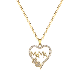 Luxurious gold heart pendant necklace with MAMA lettering and zircon crystal pavé setting