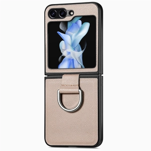 Detailed macro view of champagne gold leather texture and metal ring holder on phone case