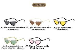 Detailed set of cat-eye sunglasses with rhinestone edges in five vibrant color variants