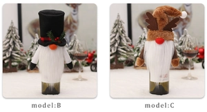 Festive Christmas wine bottle covers featuring reindeer and gnome hat designs on snow