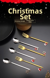 Macro shot of 304 stainless steel gold and silver Christmas dessert forks and spoons