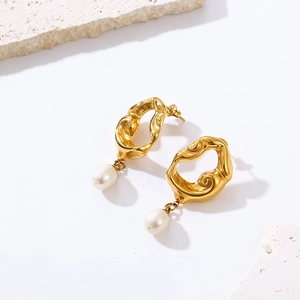 Hollow Lava Irregular Earrings With Freshwater Pearl Pendant Stainless Steel 18K Gold Plated French Retro Style For Women