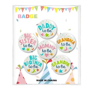 Set of 6 colorful Mommy to Be and Daddy to Be tinplate badges for baby shower party