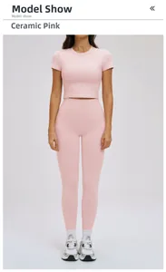 Front view of ceramic pink ribbed short sleeve crop top and high waist leggings set