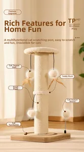 Detailed view of the sisal scratching post with plush ball and interactive spring toy
