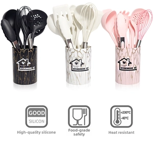 Silicone kitchen utensil set with marble storage bucket including spatulas and whisks