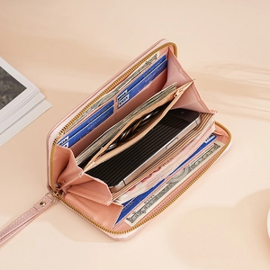Pink lychee texture long wallet for women with wristlet and high capacity interior
