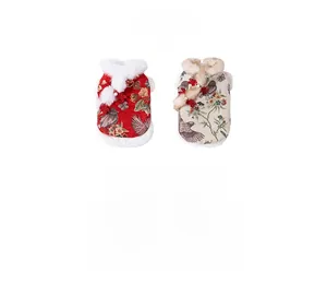 Detailed view of festive Chinese New Year pet vests with floral embroidery and faux fur trim
