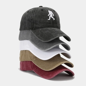 Vintage washed cotton baseball caps with Bigfoot embroidery in five assorted colors