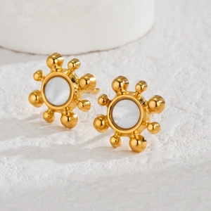 18k gold plated sunburst stud earrings with white mother of pearl inlay on stone