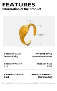 Detailed view of 18K gold plated stainless steel ring with hammered texture and dimensions