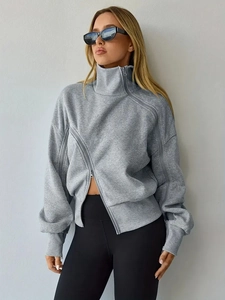 Women's grey high neck hoodie with asymmetric side zipper and casual loose fit