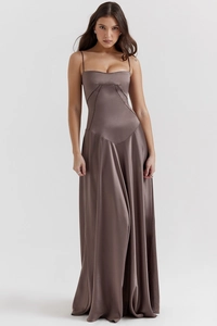 Detailed view of dark coffee satin evening dress with elegant shoulder straps and sleek silk texture