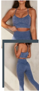 Detail of blue acid wash yoga set showing ribbed texture and seamless V-neck sports bra