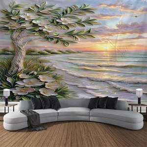 Detalle de tapiz 3D de flores y playa que muestra un paisaje marino sobre un sofá gris