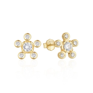Macro view of 925 sterling silver stamp on golden five-petal flower zircon stud earrings