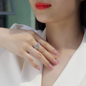 Elegant S925 sterling silver ring with three rows of sparkling zircon stones for women