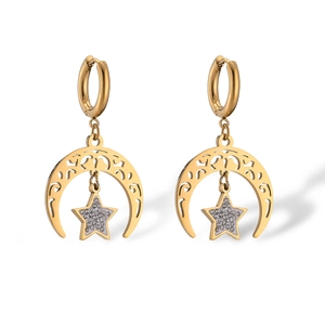 Golden titanium steel crescent moon and star drop earrings with sparkling rhinestones