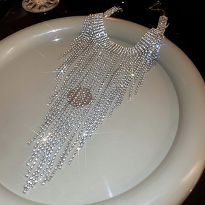 Macro shot of silver rhinestone tassel necklace with shimmering crystal detailing