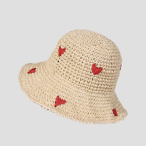 Women Sweet Heart Pattern Paper Straw Bucket Hat Foldable Wide Brim Summer Beach Sun Protection Breathable Hand Crochet