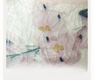 Vue macro des fleurs de magnolia peintes à la main et de la texture craquelée de la tasse