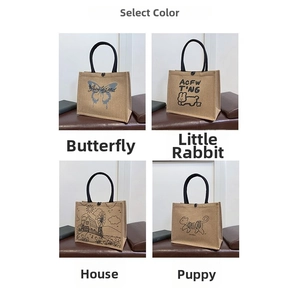 Detailed grid view of four linen tote bags featuring butterfly, rabbit, and dog prints