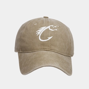 Front view of washed distressed khaki baseball cap with white fish hook logo