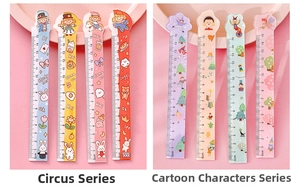 Close-up of 15cm cartoon plastic rulers with circus and character illustrations