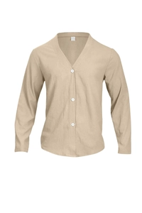 Close-up of khaki cotton cardigan showing V-neckline, texture and Size M label
