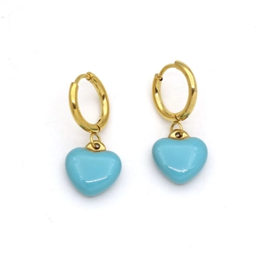 Minimalist gold hoop earrings with light blue 3D heart enamel charms for women