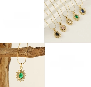 Detailed macro view of 18K gold plated sunflower necklaces with colorful zircon pendants
