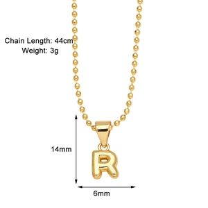Detailed size chart for the gold letter R pendant necklace with 44cm bead chain