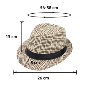 Dimensions du chapeau trilby montrant 56-58cm de tour de tête et 13cm de hauteur