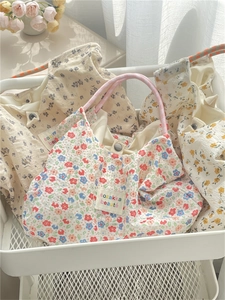Floral Canvas Tote Bag Large Capacity Women Summer Holiday Beach Handbag Korean Style Vintage Print With Braided Handles