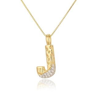 Detail of two-tone gold and silver letter J pendant with micro-pave cubic zirconia crystals