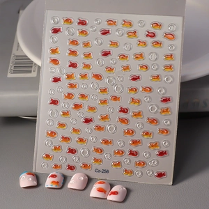 Detailed 3D nail sticker Co-256 showing fish and embossed bubbles on pink base