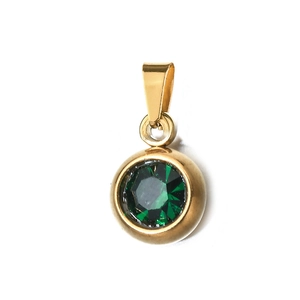 Macro detail of 6mm gold stainless steel charm with a brilliant green round-cut gemstone