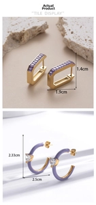 Detailed view of C-shaped titanium steel earrings with zircon and dimensions