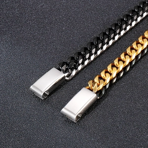Two-tone Cuban link bracelets in gold, silver, and black stainless steel with box clasp