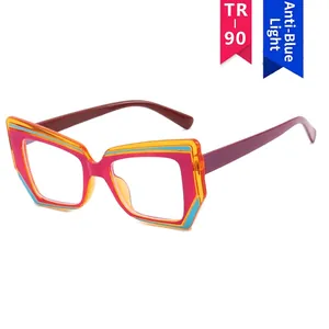 Geometric cat-eye TR90 blue light blocking glasses in pink yellow blue multicolor frame