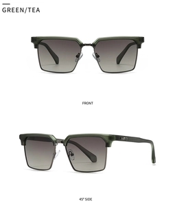 Front and 45-degree side views of square sunglasses in green frame with tea gradient lenses