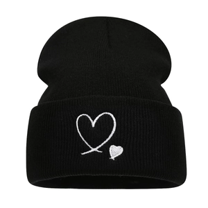 Black knit beanie with white heart embroidery, minimalist winter hat for men and women