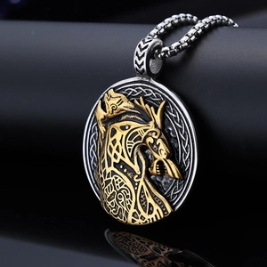 Nordic Viking wolf head totem pendant necklace in black and gold stainless steel