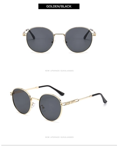 Front and side angles of retro round metal sunglasses with gold frames and black lenses