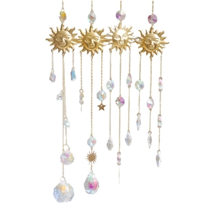 Set of 4 golden metal sun crystal suncatchers with various rainbow prism beads
